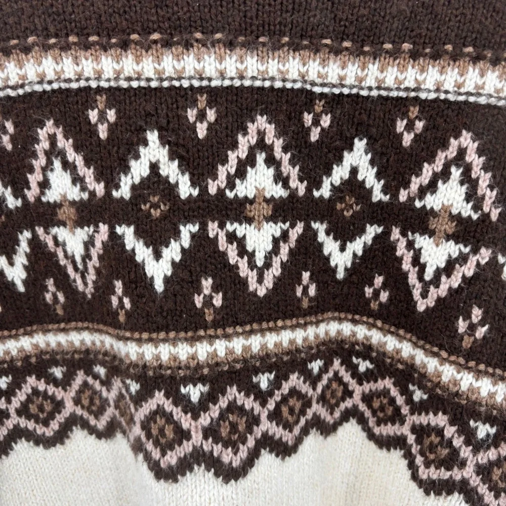 American Eagle Womens Fair Isle Crewneck Sweater Small Brown Cream Oversize Cozy